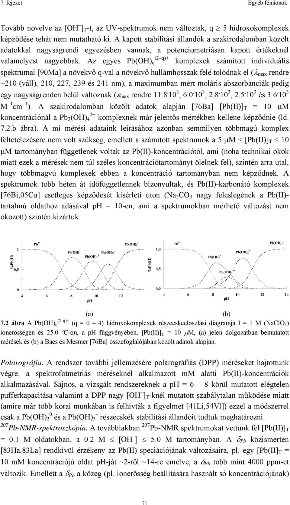 Az egyes Pb(OH) q komplexek számított individuális spektrumai [90Ma] a növekvő q-val a növekvő hullámhosszak felé tolódnak el (λ max rendre ~210 (váll), 210, 227, 239 és 241 nm), a maximumban mért