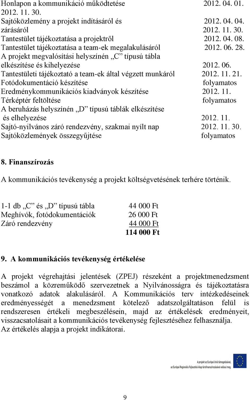 11. 21. Fotódokumentáció készítése folyamatos Eredménykommunikációs kiadványok készítése 2012. 11.