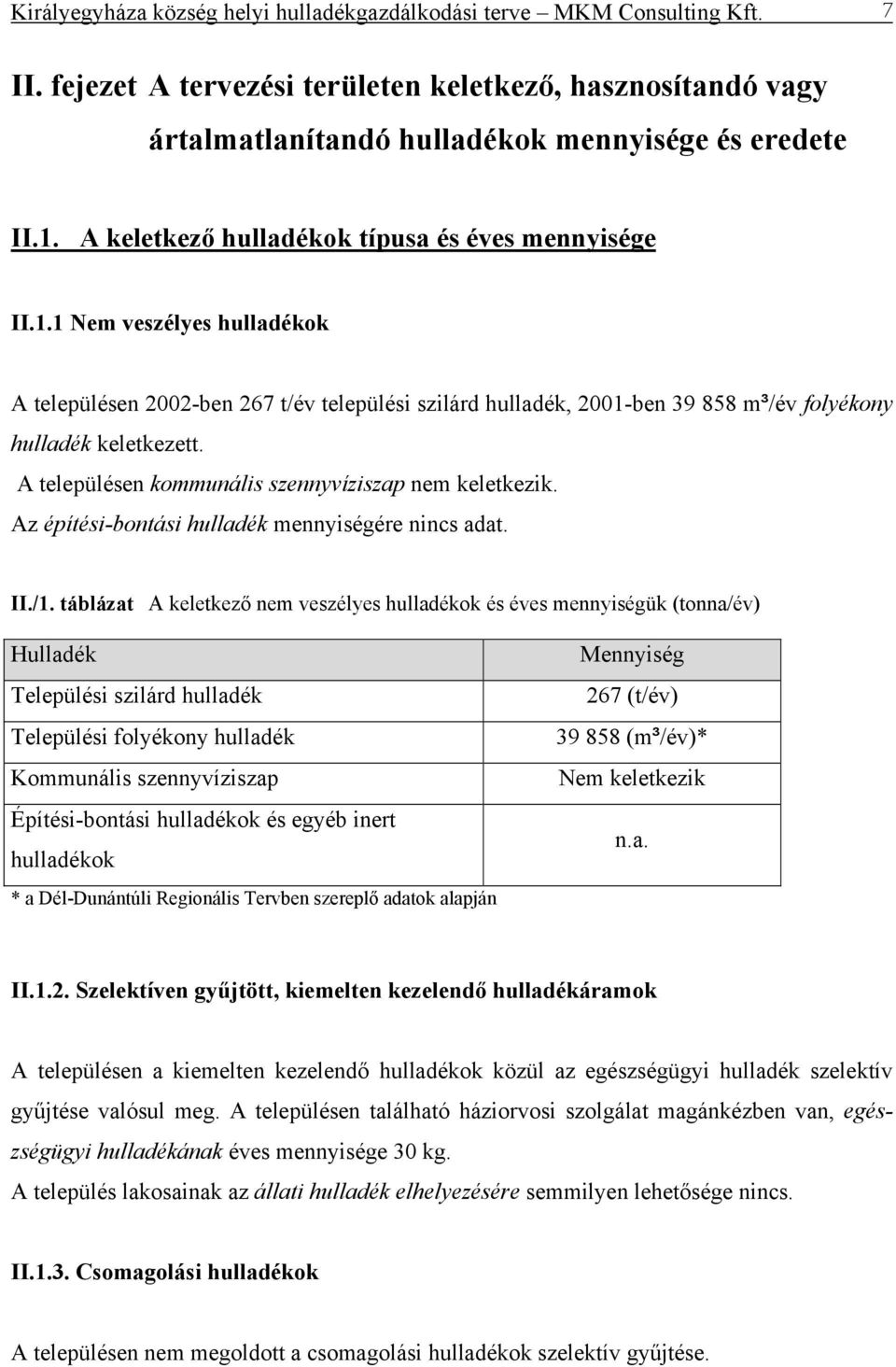 A településen kommunális szennyvíziszap nem keletkezik. Az építési-bontási hulladék mennyiségére nincs adat. II./1.