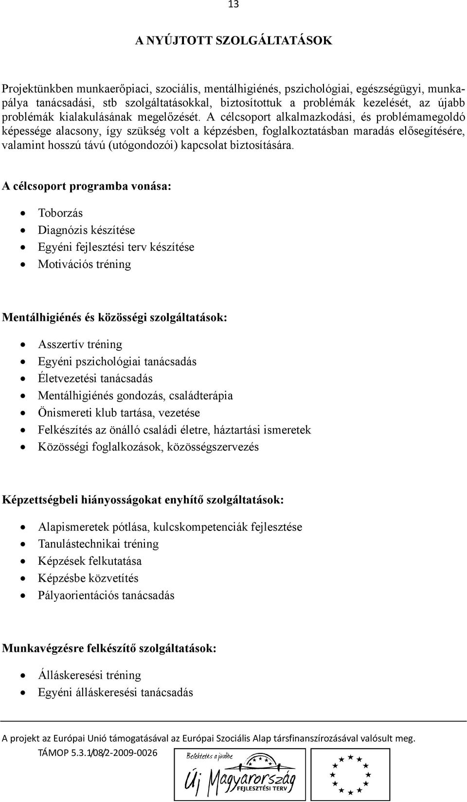 A célcsoport alkalmazkodási, és problémamegoldó képessége alacsony, így szükség volt a képzésben, foglalkoztatásban maradás elősegítésére, valamint hosszú távú (utógondozói) kapcsolat biztosítására.