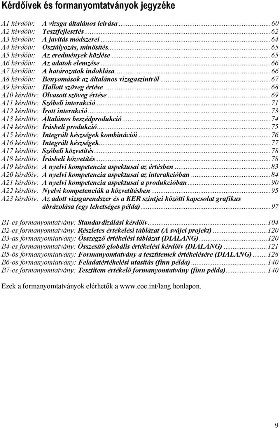 ..67 A9 kérdőív: Hallott szöveg értése...68 A10 kérdőív: Olvasott szöveg értése...69 A11 kérdőív: Szóbeli interakció...71 A12 kérdőív: Írott interakció...73 A13 kérdőív: Általános beszédprodukció.