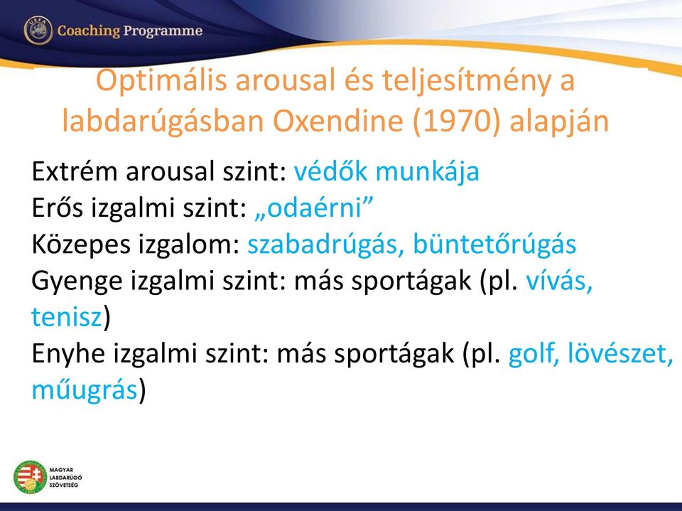 izgalom: szabadrúgás, büntetőrúgás Gyenge izgalmi szint: más sportágak (pl.