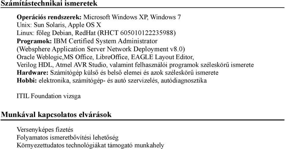 0) Oracle Weblogic,MS Office, LibreOffice, EAGLE Layout Editor, Verilog HDL, Atmel AVR Studio, valamint felhasználói programok széleskörű ismerete Hardware: Számítógép külső és