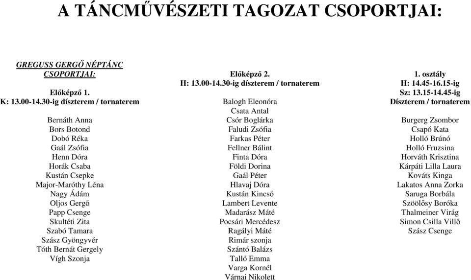 Gyöngyvér Tóth Bernát Gergely Vígh Szonja Elıképzı 2. H: 13.00-14.