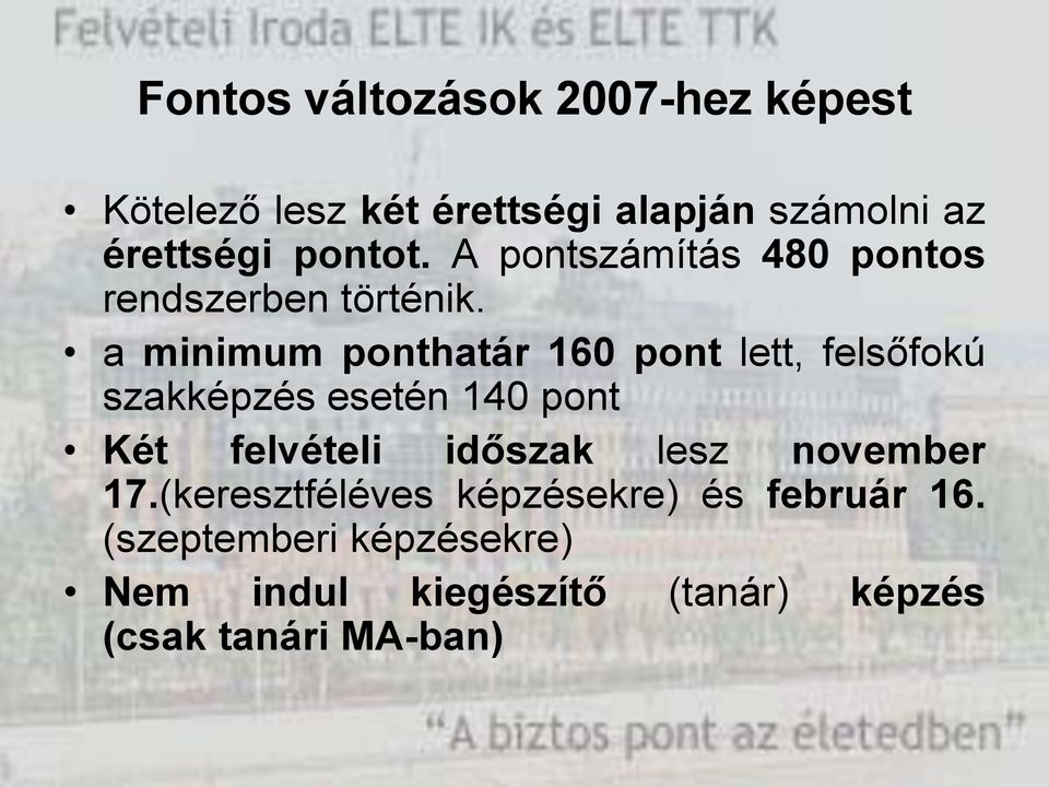 a minimum ponthatár 160 pont lett, felsőfokú szakképzés esetén 140 pont Két felvételi időszak