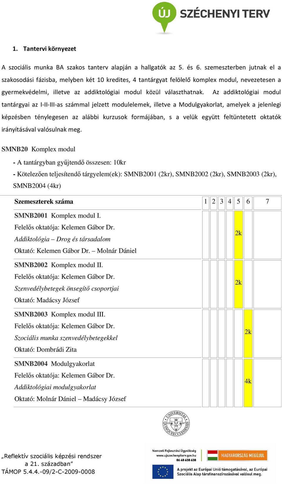 Az addiktológiai modul tantárgyai az I-II-III-as számmal jelzett modulelemek, illetve a Modulgyakorlat, amelyek a jelenlegi képzésben ténylegesen az alábbi kurzusok formájában, s a velük együtt