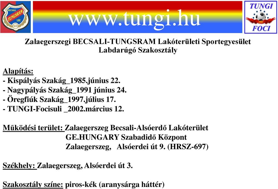 - TUNGI-Focisuli _2002.március 12. Működési terület: Zalaegerszeg Becsali-Alsóerdő Lakóterület GE.
