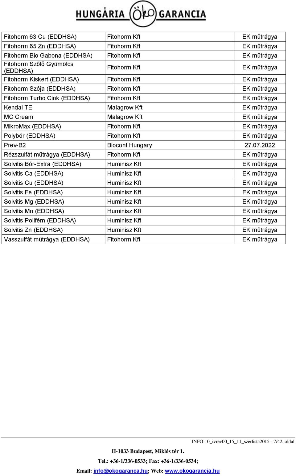 műtrágya MC Cream Malagrow Kft EK műtrágya MikroMax (EDDHSA) Fitohorm Kft EK műtrágya Polybór (EDDHSA) Fitohorm Kft EK műtrágya Prev-B2 Biocont Hungary 27.07.