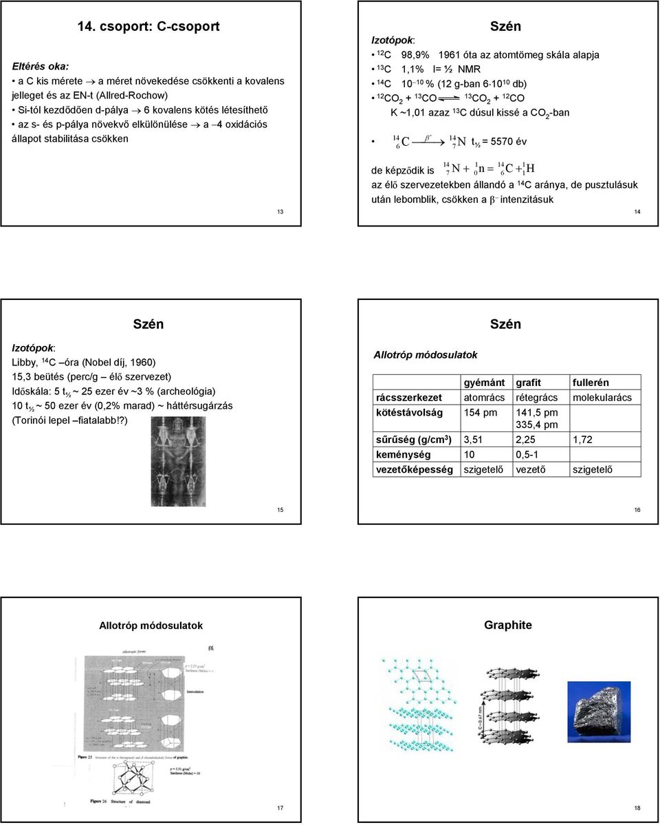 dúsul kissé a C 2 -ban - 4 4 C β N t ½ = 5570 év 6 7 4 4 de kéződik is 7 N + 0n = 6C + H az élő szervezetekben állandó a 4 C aránya, de usztulásuk után lebomblik, csökken a β intenzitásuk 4 Szén