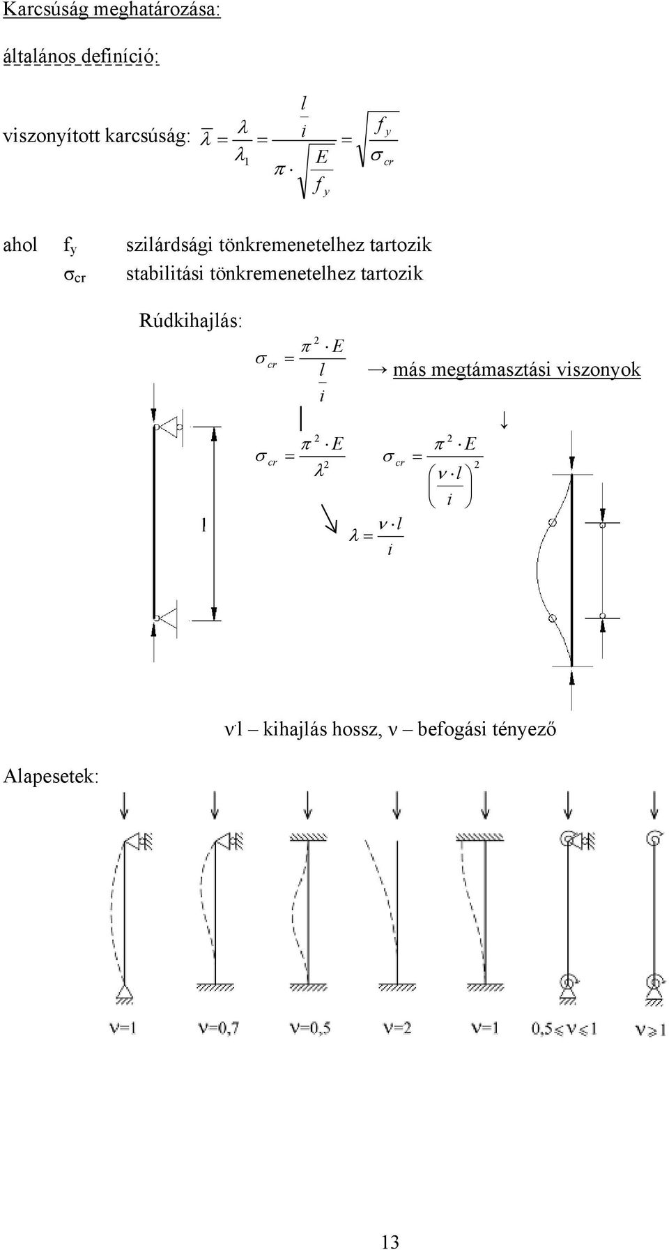 tönkremenetelhez tartozik Rúdkihajlás: σ σ cr cr π E l i π E más megtámasztási