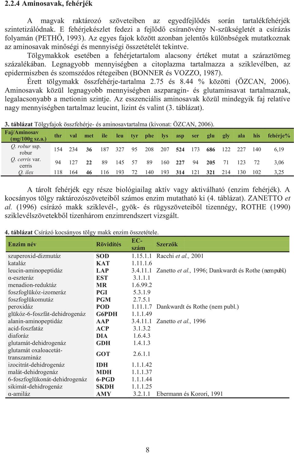 Legngyobb mennyiségben citoplzm trtlmzz sziklevélben, z epidermiszben és szomszédos rétegeiben (BONNER és VOZZO, 1987). Érett tölgymkk összfehérje-trtlm 2.75 és 8.44 % közötti (ÖZCAN, 2006).