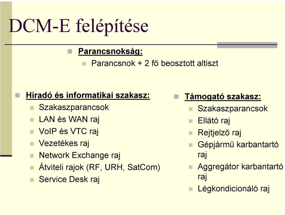 raj Átviteli rajok (RF, URH, SatCom) Service Desk raj Támogató szakasz: Szakaszparancsok