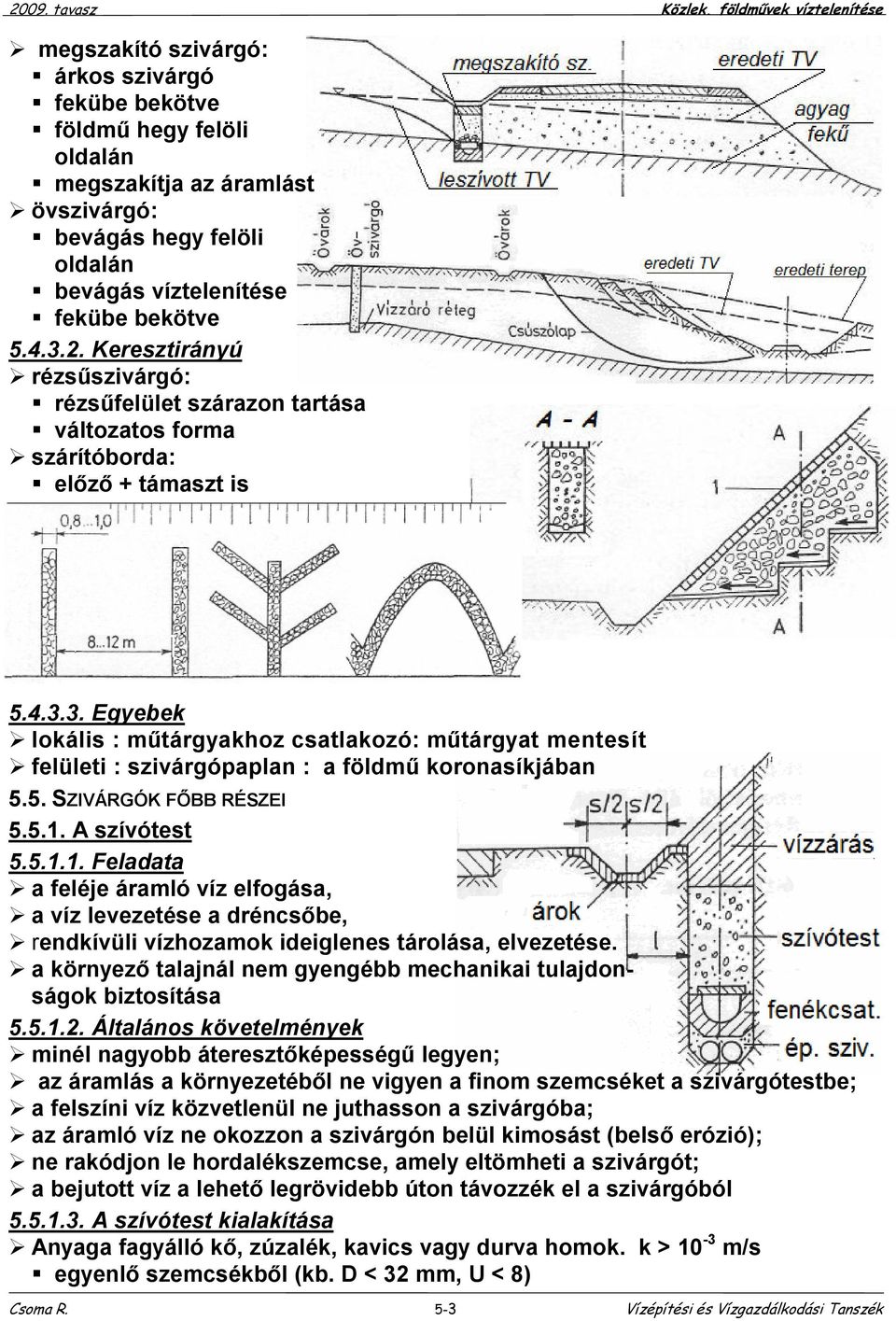 3. Egyebek lokális : műtárgyakhoz csatlakozó: műtárgyat mentesít felületi : szivárgópaplan : a földmű koronasíkjában 5.5. SZIVÁRGÓK FŐBB RÉSZEI 5.5.1.