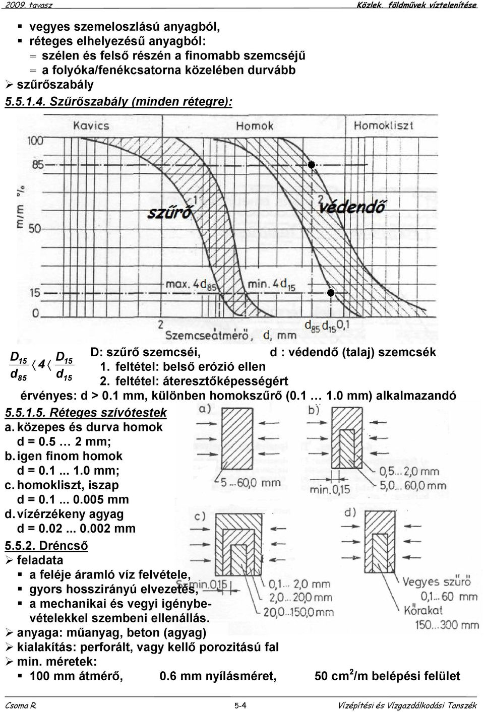 1 mm, különben homokszűrő (0.1 1.0 mm) alkalmazandó 5.5.1.5. Réteges szívótestek a. közepes és durva homok d = 0.5 2 mm; b. igen finom homok d = 0.1... 1.0 mm; c. homokliszt, iszap d = 0.1... 0.005 mm d.