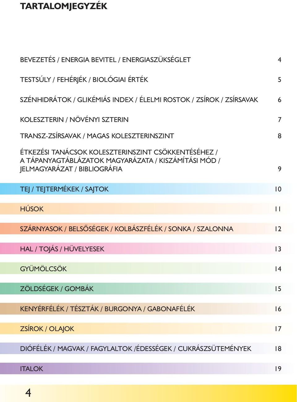 KISZÁMÍTÁSI MÓD / JELMAGYARÁZAT / BIBLIOGRÁFIA 9 TEJ / TEJTERMÉKEK / SAJTOK 10 HÚSOK 11 SZÁRNYASOK / BELSÔSÉGEK / KOLBÁSZFÉLÉK / SONKA / SZALONNA 12 HAL / TOJÁS / HÜVELYESEK