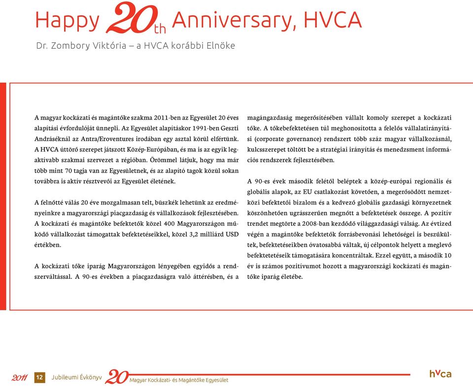 A HVCA úttörő szerepet játszott Közép-Európában, és ma is az egyik legaktívabb szakmai szervezet a régióban.