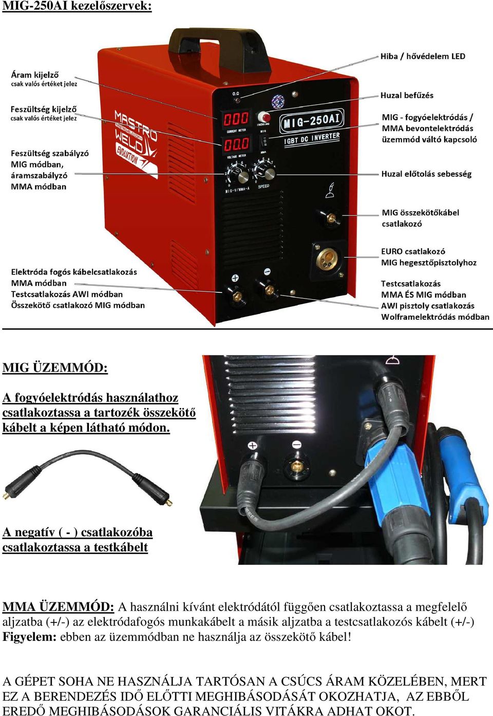 az elektródafogós munkakábelt a másik aljzatba a testcsatlakozós kábelt (+/-) Figyelem: ebben az üzemmódban ne használja az összekötő kábel!