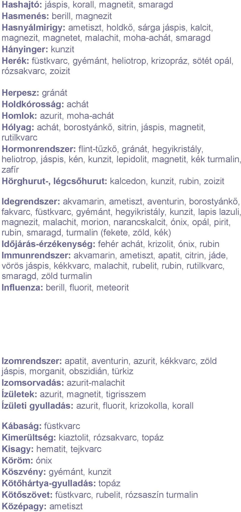 rutilkvarc Hormonrendszer: flint-tűzkő, gránát, hegyikristály, heliotrop, jáspis, kén, kunzit, lepidolit, magnetit, kék turmalin, zafír Hörghurut-, légcsőhurut: kalcedon, kunzit, rubin, zoizit