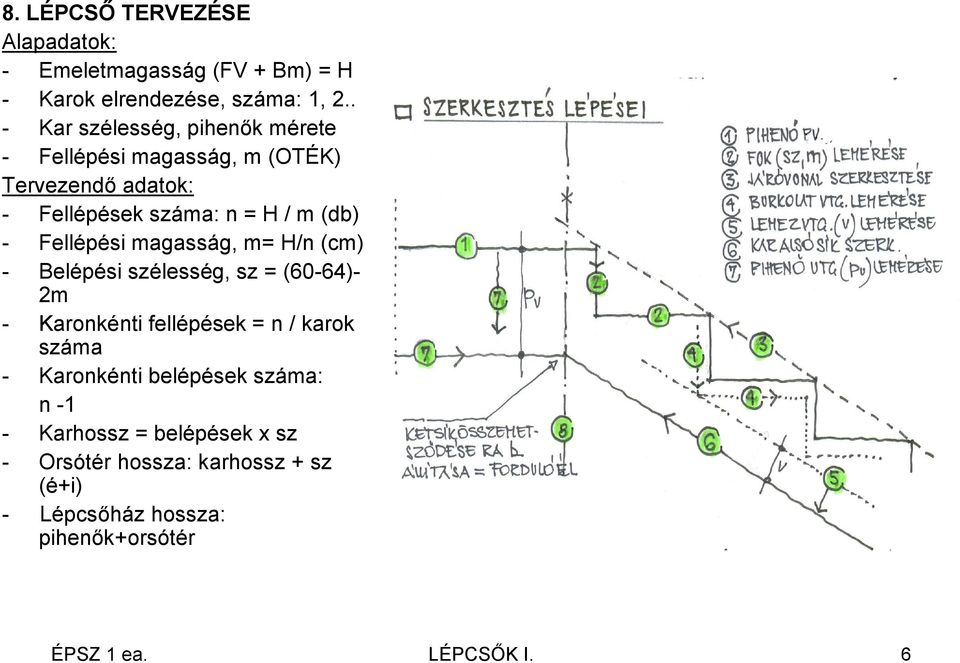 Fellépési magasság, m= H/n (cm) - Belépési szélesség, sz = (60-64)- 2m - Karonkénti fellépések = n / karok száma -