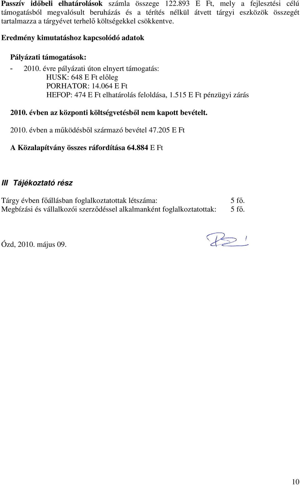 Eredmény kimutatáshoz kapcsolódó adatok Pályázati támogatások: - 2010. évre pályázati úton elnyert támogatás: HUSK: 648 E Ft előleg PORHATOR: 14.064 E Ft HEFOP: 474 E Ft elhatárolás feloldása, 1.
