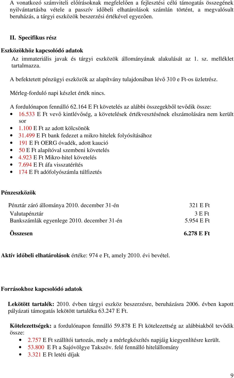 A befektetett pénzügyi eszközök az alapítvány tulajdonában lévő 310 e Ft-os üzletrész. Mérleg-forduló napi készlet érték nincs. A fordulónapon fennálló 62.