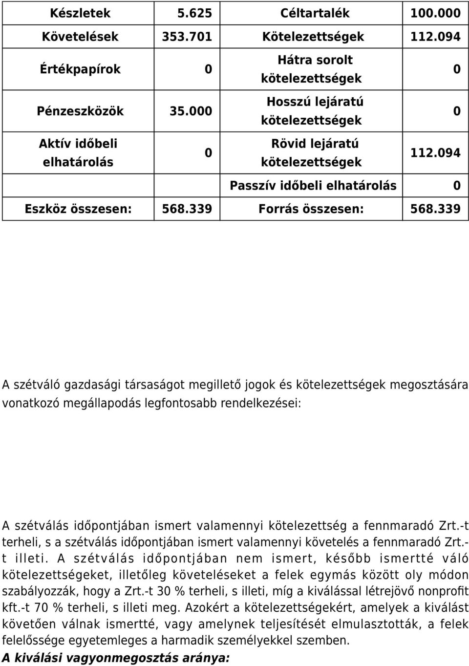 339 I A szétváló gazdasági társaságot megillető jogok és megosztására vonatkozó megállapodás legfontosabb rendelkezései: A szétválás időpontjában ismert valamennyi kötelezettség a fennmaradó Zrt.