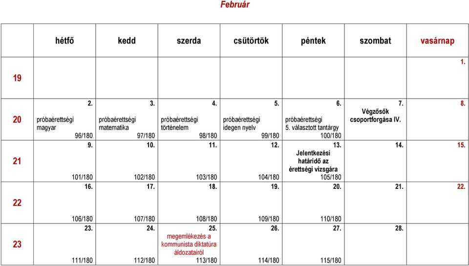 próbaérettségi választott tantárgy 100/180 13. Jelentkezési határidő az érettségi vizsgára 105/180 20. 7.