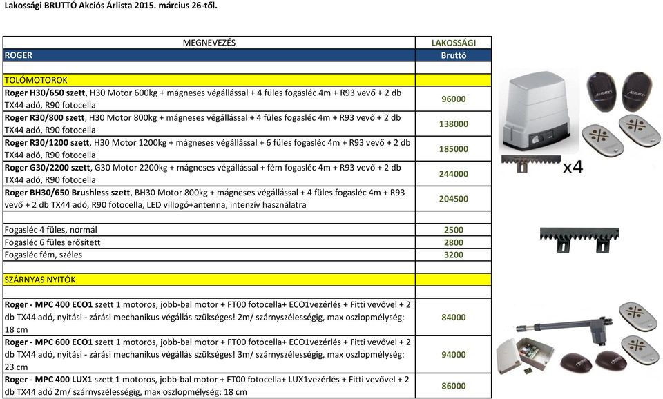 Motor 800kg + mágneses végállással + 4 füles fogasléc 4m + R93 vevő + 2 db TX44 adó, R90 fotocella Roger R30/1200 szett, H30 Motor 1200kg + mágneses végállással + 6 füles fogasléc 4m + R93 vevő + 2