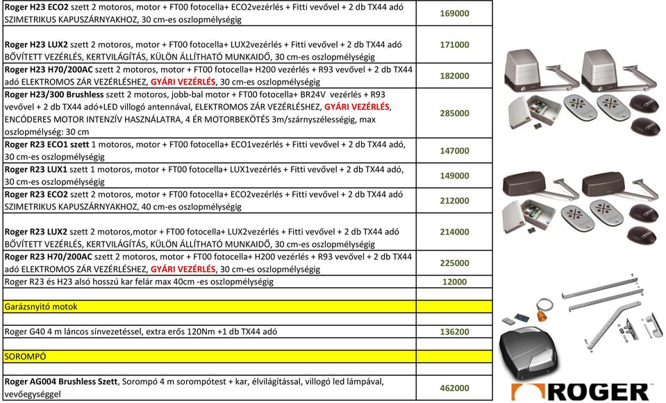 fotocella+ H200 vezérlés + R93 vevővel + 2 db TX44 adó ELEKTROMOS ZÁR VEZÉRLÉSHEZ, GYÁRI VEZÉRLÉS, 30 cm-es oszlopmélységig Roger H23/300 Brushless szett 2 motoros, jobb-bal motor + FT00 fotocella+