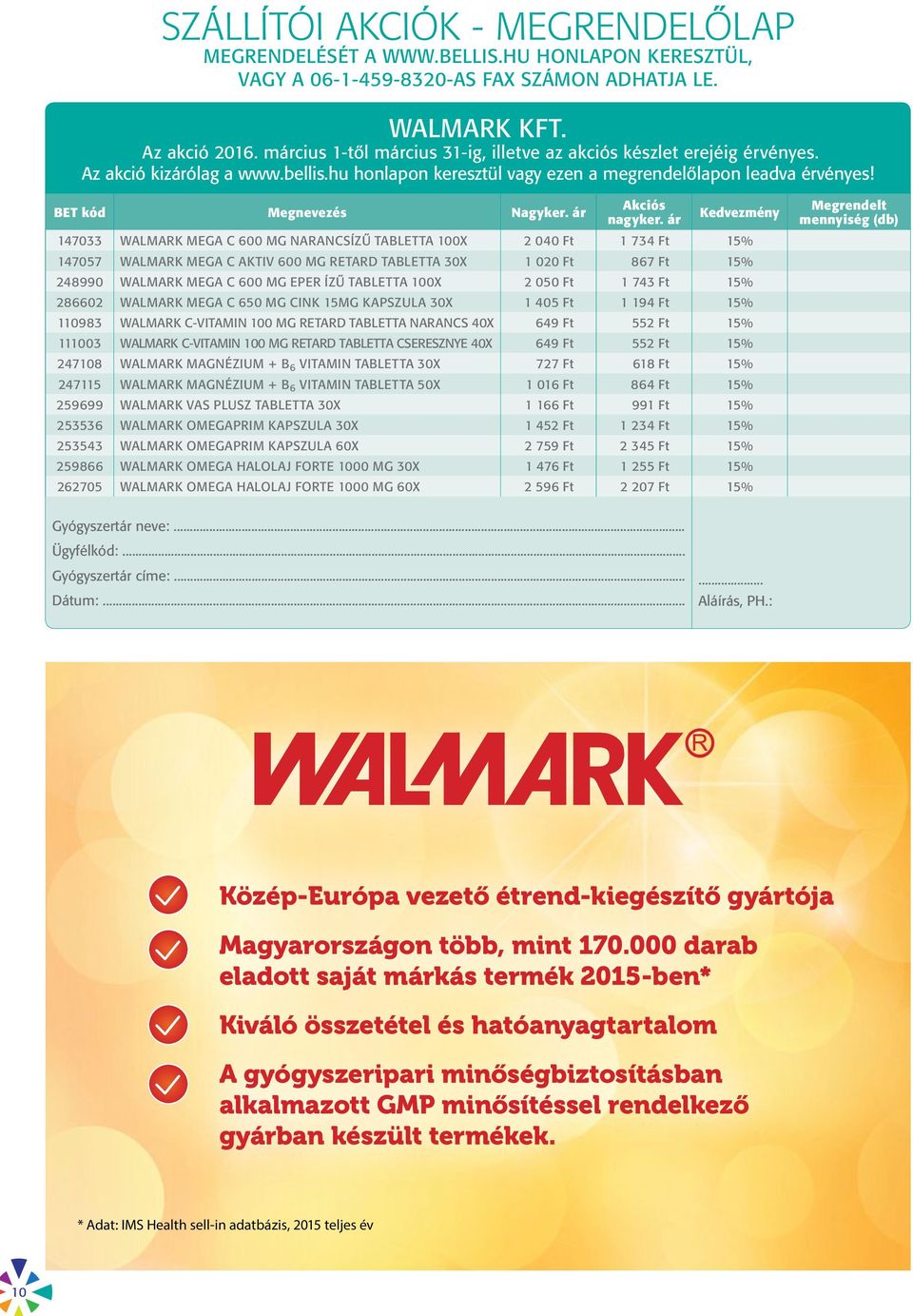 ÍZŰ TABLETTA 100X 2 050 Ft 1 743 Ft 15% 286602 WALMARK MEGA C 650 MG CINK 15MG KAPSZULA 30X 1 405 Ft 1 194 Ft 15% 110983 WALMARK C-VITAMIN 100 MG RETARD TABLETTA NARANCS 40X 649 Ft 552 Ft 15% 111003