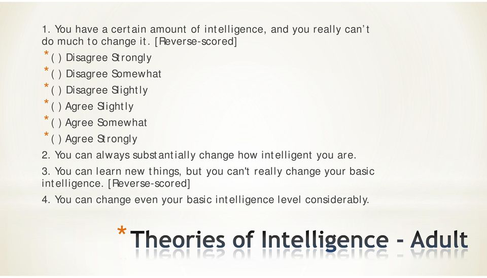Somewhat *( ) Agree Strongly 2. You can always substantially change how intelligent you are. 3.
