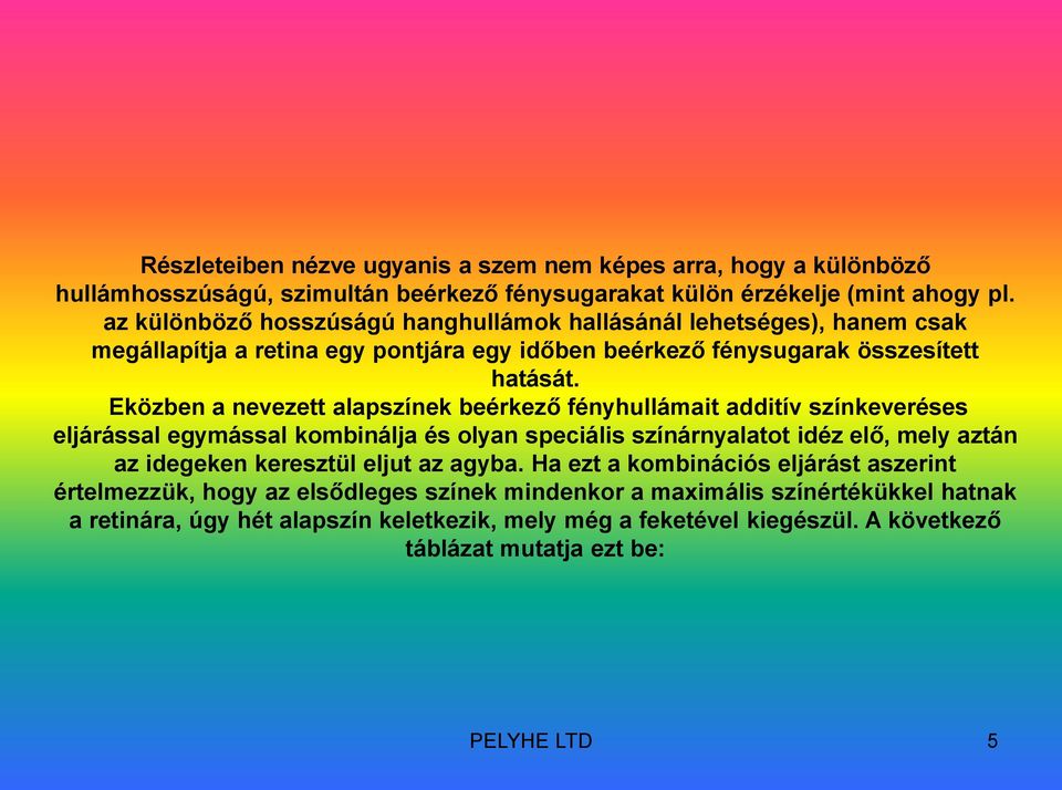 Eközben a nevezett alapszínek beérkező fényhullámait additív színkeveréses eljárással egymással kombinálja és olyan speciális színárnyalatot idéz elő, mely aztán az idegeken keresztül