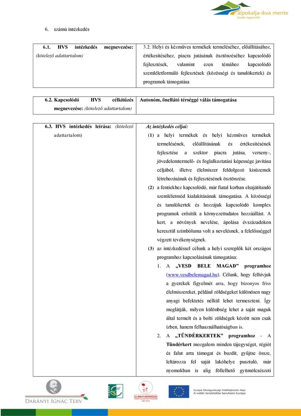 (közösségi és tanulókertek) és programok támogatása 6.2. Kapcsolódó HVS célkitűzés megnevezése: (kötelező adattartalom) Autonóm, önellátó térséggé válás támogatása 6.3.