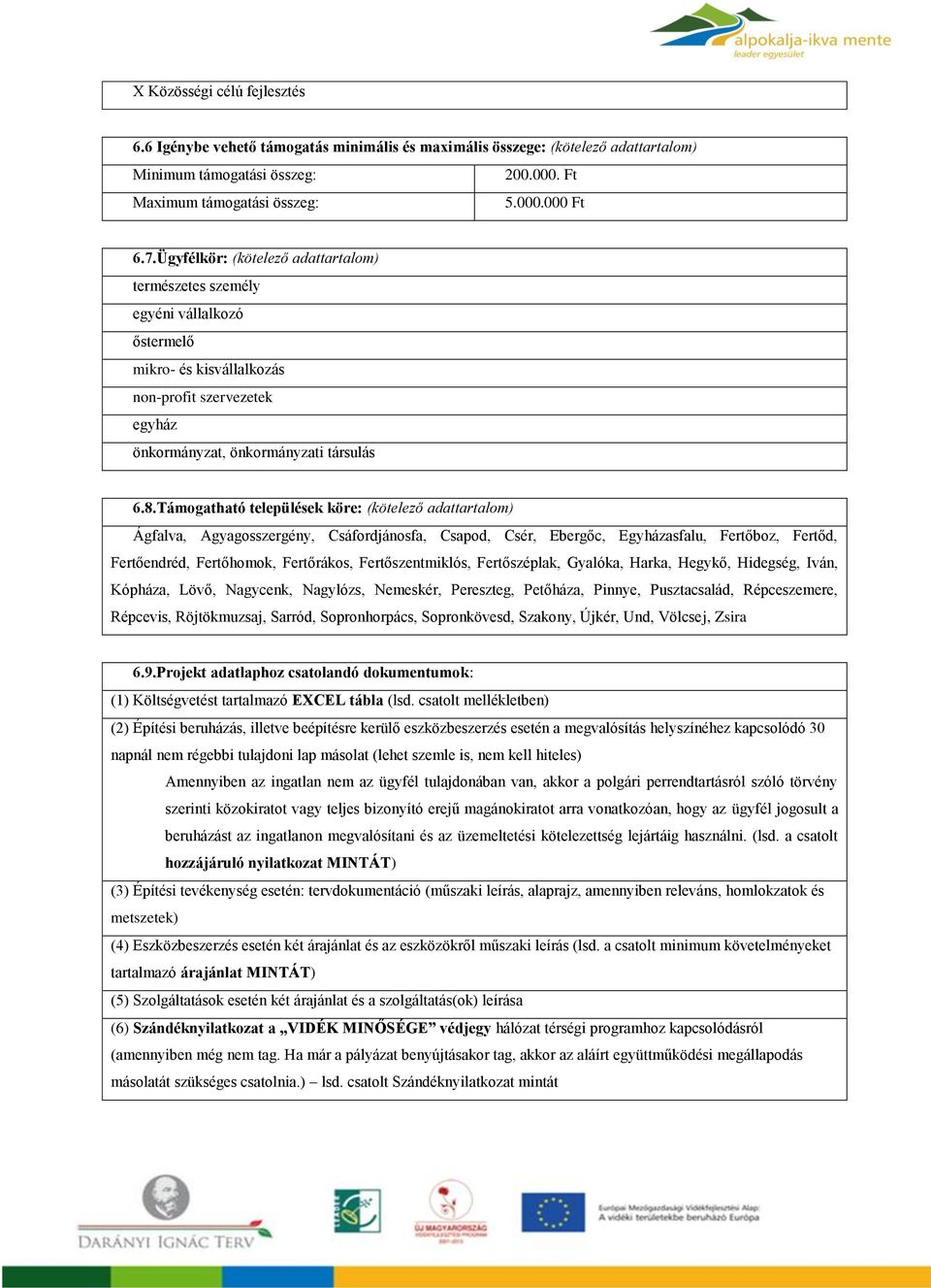 Támogatható települések köre: (kötelező adattartalom) Ágfalva, Agyagosszergény, Csáfordjánosfa, Csapod, Csér, Ebergőc, Egyházasfalu, Fertőboz, Fertőd, Fertőendréd, Fertőhomok, Fertőrákos,