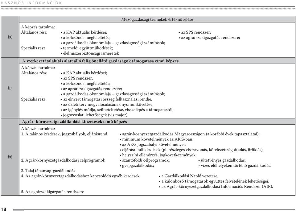 Speciális rész a KAP aktuális kérdései; az SPS rendszer; a kölcsönös megfeleltetés; az agrárszakigazgatás rendszere; a gazdálkodás ökonómiája gazdaságossági számítások; az elnyert támogatási összeg