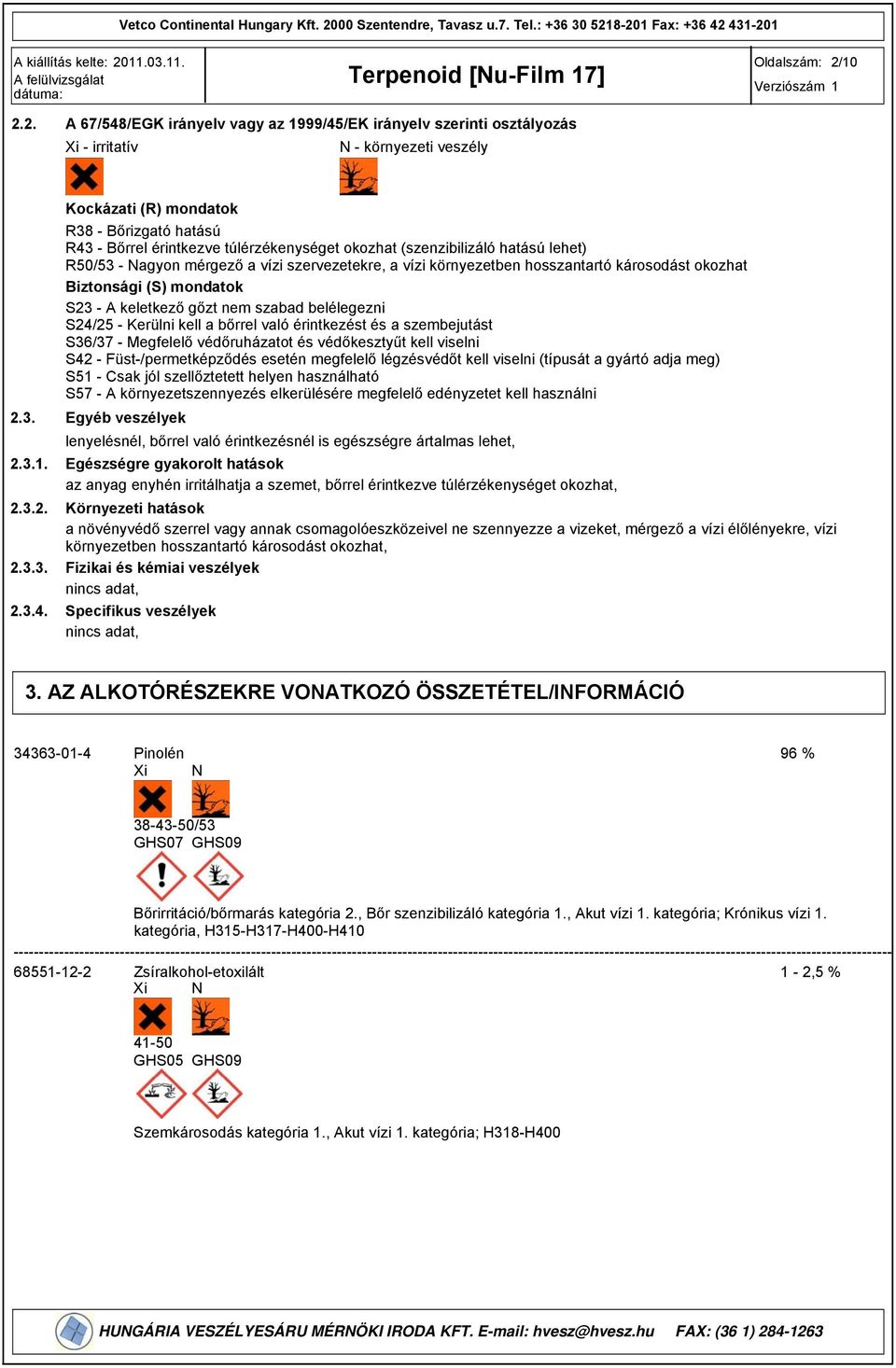 /EK irányelv szerinti osztályozás Xi - irritatív N - környezeti veszély 2.3. 2.3.1. 2.3.2. 2.3.3. 2.3.4.