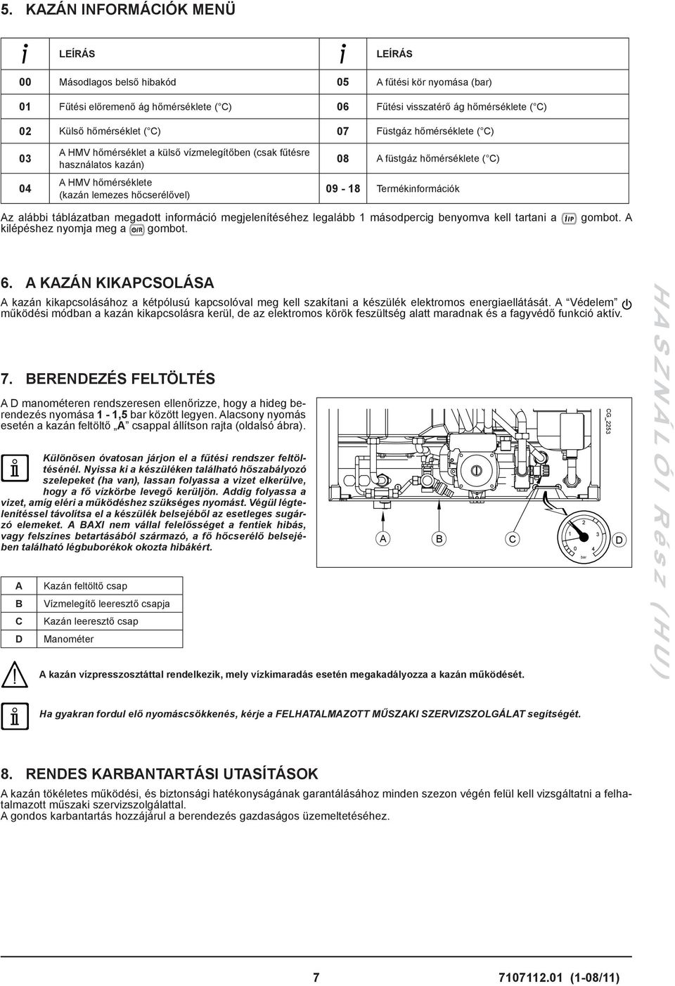 ( C) 09-18 Termékinformációk Az alábbi táblázatban megadott információ megjelenítéséhez legalább 1 másodpercig benyomva kell tartani a kilépéshez nyomja meg a gombot. gombot. A 6.