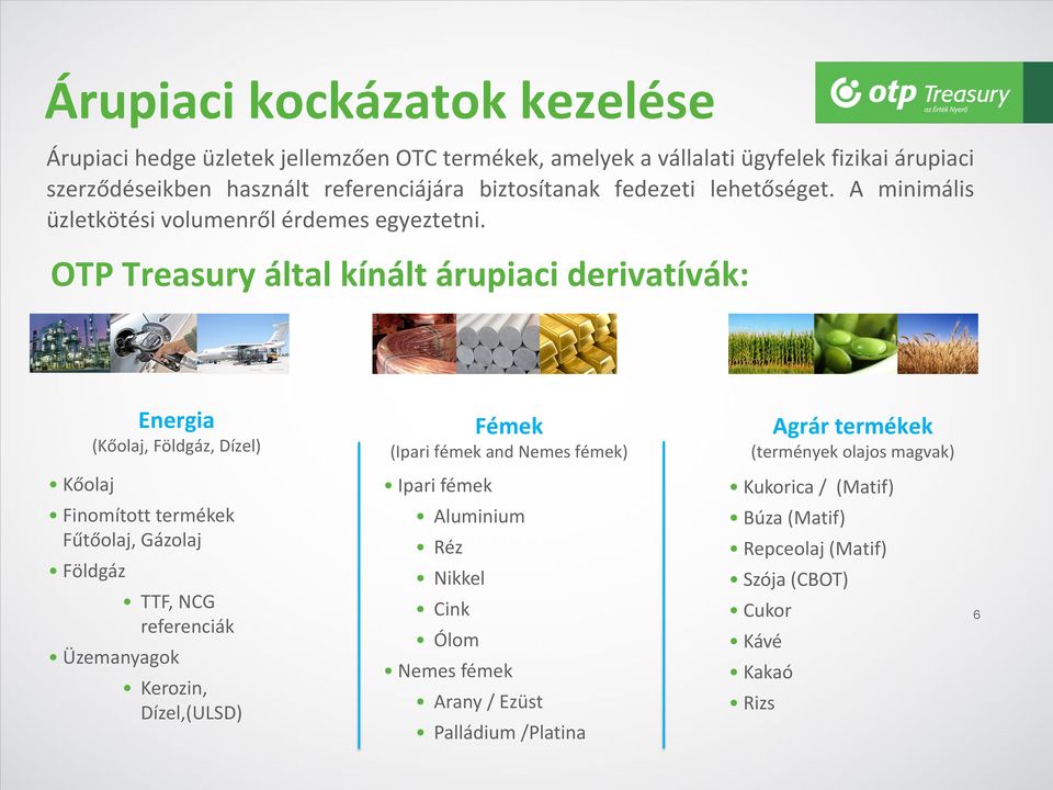OTP Treasury által kínált árupiaci derivatívák: Energia (Kőolaj, Földgáz, Dízel) Fémek (Ipari fémek and Nemes fémek) Agrár termékek (termények olajos magvak) Kőolaj Ipari
