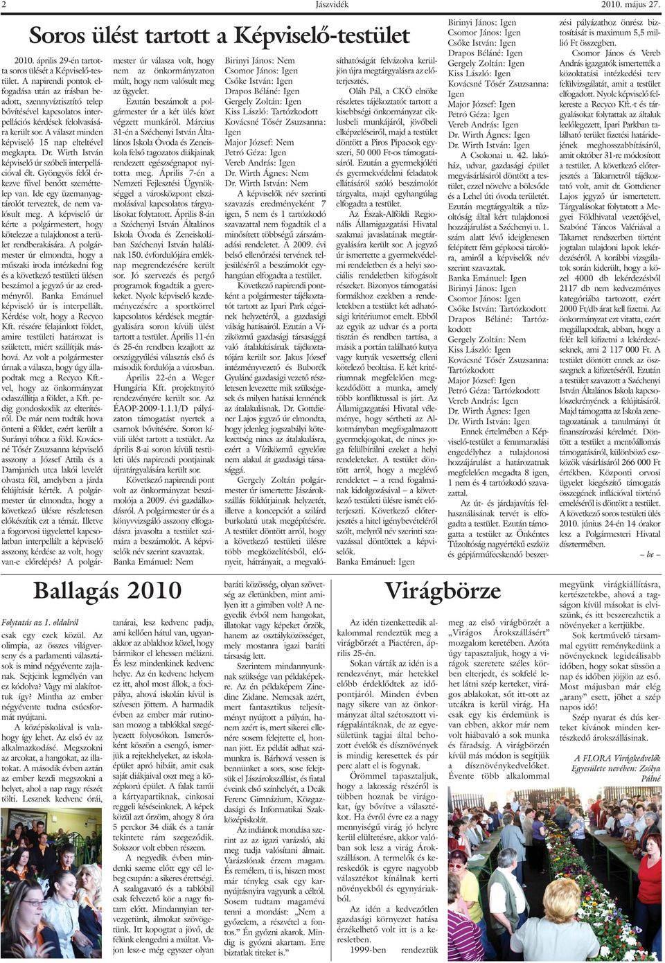 A választ minden képviselõ 15 nap elteltével megkapta. Dr. Wirth István képviselõ úr szóbeli interpellációval élt. Gyöngyös felõl érkezve fûvel benõtt szeméttelep van.