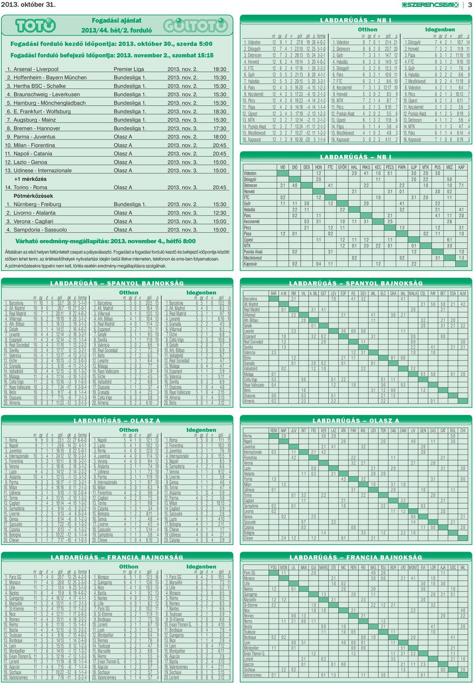 Hamburg - Mönchengladbach Bundesliga 1. 2013. nov. 2. 15:30 6. E. Frankfurt - Wolfsburg Bundesliga 1. 2013. nov. 2. 18:30 7. Augsburg - Mainz Bundesliga 1. 2013. nov. 3. 15:30 8.