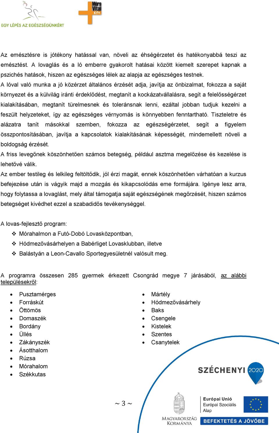 A lóval való munka a jó közérzet általános érzését adja, javítja az önbizalmat, fokozza a saját környezet és a külvilág iránti érdeklődést, megtanít a kockázatvállalásra, segít a felelősségérzet