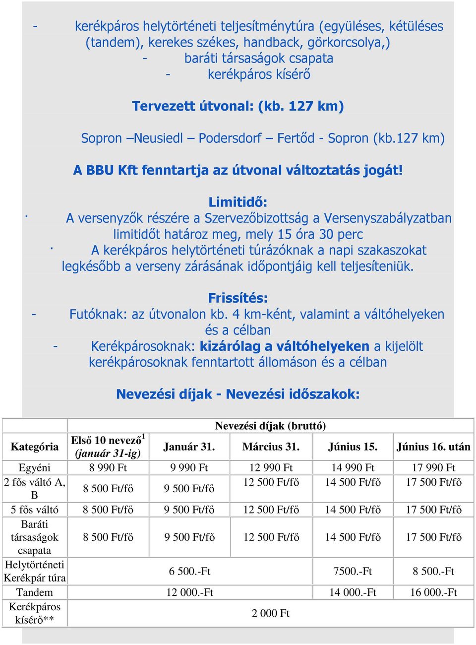 Limitidő: A versenyzők részére a Szervezőbizottság a Versenyszabályzatban limitidőt határoz meg, mely 15 óra 30 perc A kerékpáros helytörténeti túrázóknak a napi szakaszokat legkésőbb a verseny