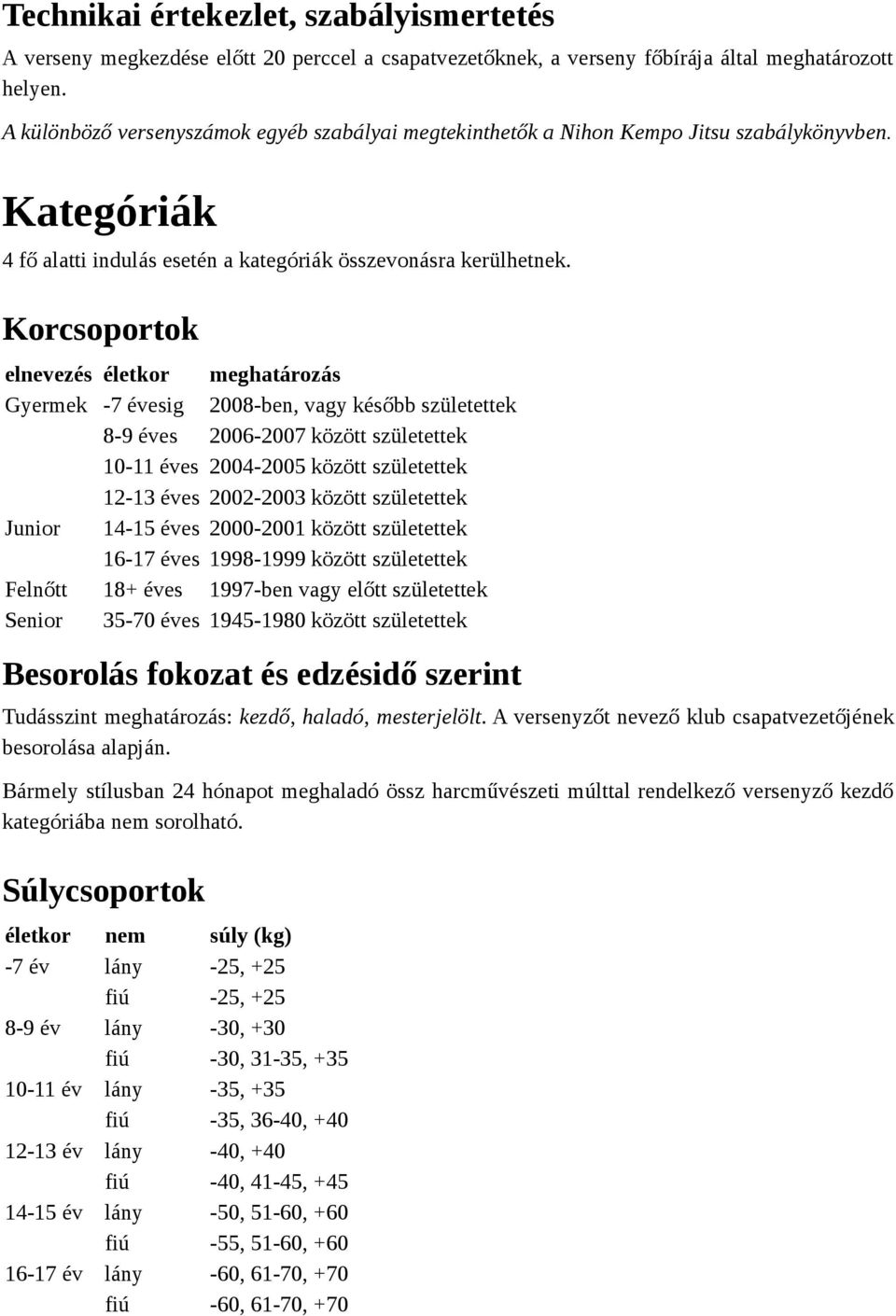 Korcsoportok elnevezés életkor meghatározás Gyermek -7 évesig 2008-ben, vagy később születettek 8-9 éves 2006-2007 között születettek 10-11 éves 2004-2005 között születettek 12-13 éves 2002-2003
