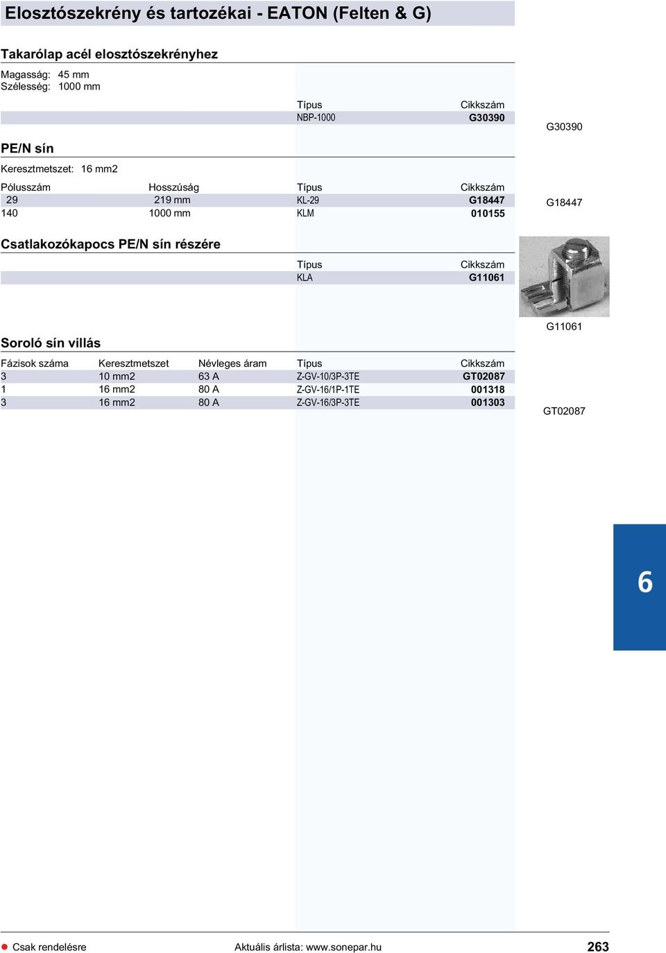 Csatlakozókapocs PE/N sín részére KLA G11061 Soroló sín villás Fázisok száma Keresztmetszet Névleges áram 3 10 mm2 63 A 1 16 mm2 80