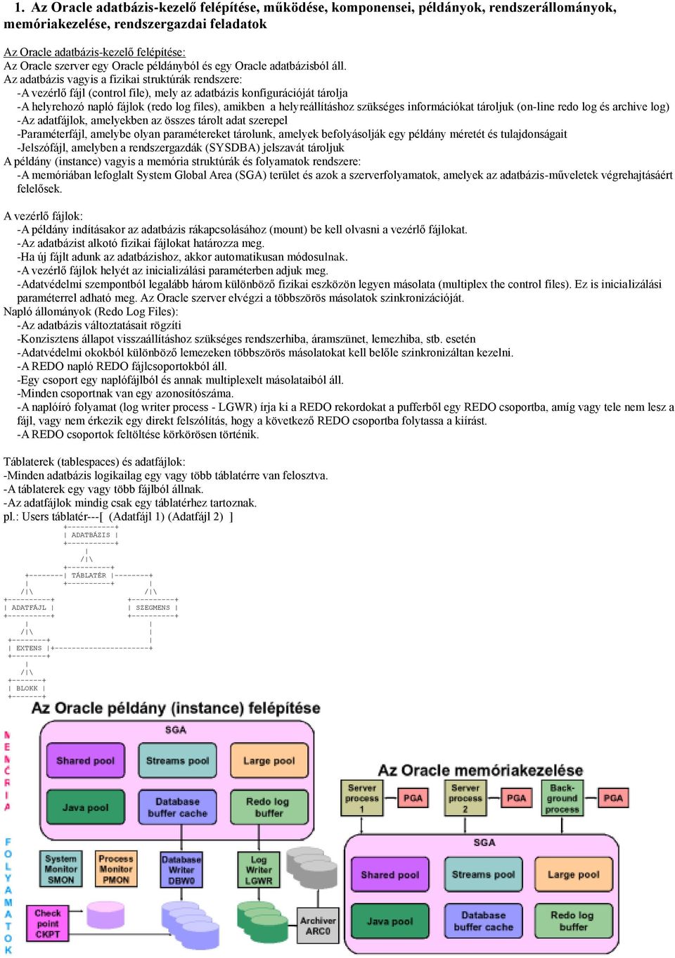 Az adatbázis vagyis a fizikai struktúrák rendszere: -A vezérlő fájl (control file), mely az adatbázis konfigurációját tárolja -A helyrehozó napló fájlok (redo log files), amikben a helyreállításhoz