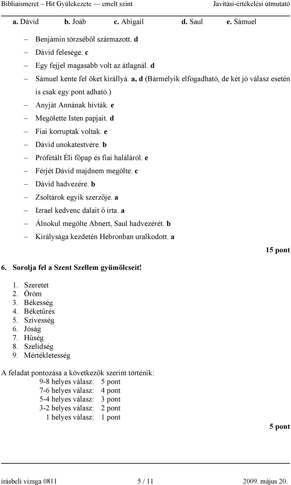 b Prófétált Éli főpap és fiai haláláról. e Férjét Dávid majdnem megölte. c Dávid hadvezére. b Zsoltárok egyik szerzője. a Izrael kedvenc dalait ő írta. a Álnokul megölte Abnert, Saul hadvezérét.