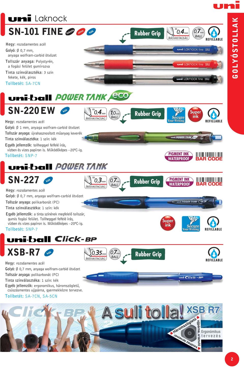 Tollbetét: SNP-7 0,4 1,0 SN-227 Golyó: Ø 0,7, Tollszár anyaga: polikarbonát (PC) Tinta színválasztéka: 1 szín: kék Egyéb jellemzõk: a tinta színének megfelelõ tollszár, gumis fogási felület.