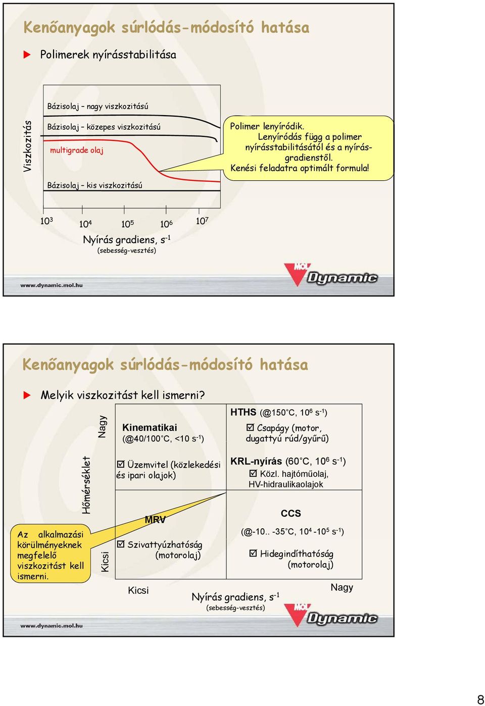 Bázisolaj kis viszkozitású 10 3 10 4 10 5 10 6 107 Nyírás gradiens, s -1 (sebesség-vesztés) Kenőanyagok súrlódás-módosító hatása Melyik viszkozitást kell ismerni?
