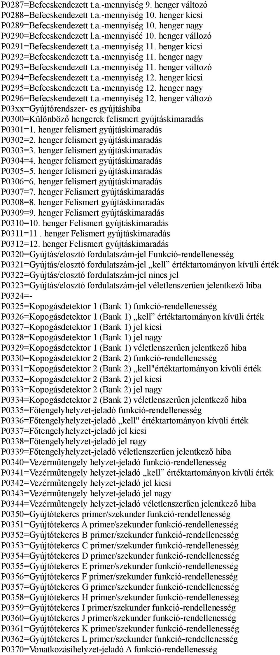 a.-mennyiség 12. henger kicsi P0295=Befecskendezett t.a.-mennyiség 12. henger nagy P0296=Befecskendezett t.a.-mennyiség 12. henger változó P03xx=Gyújtórendszer- es gyújtáshiba P0300=Különböző hengerek felismert gyújtáskimaradás P0301=1.