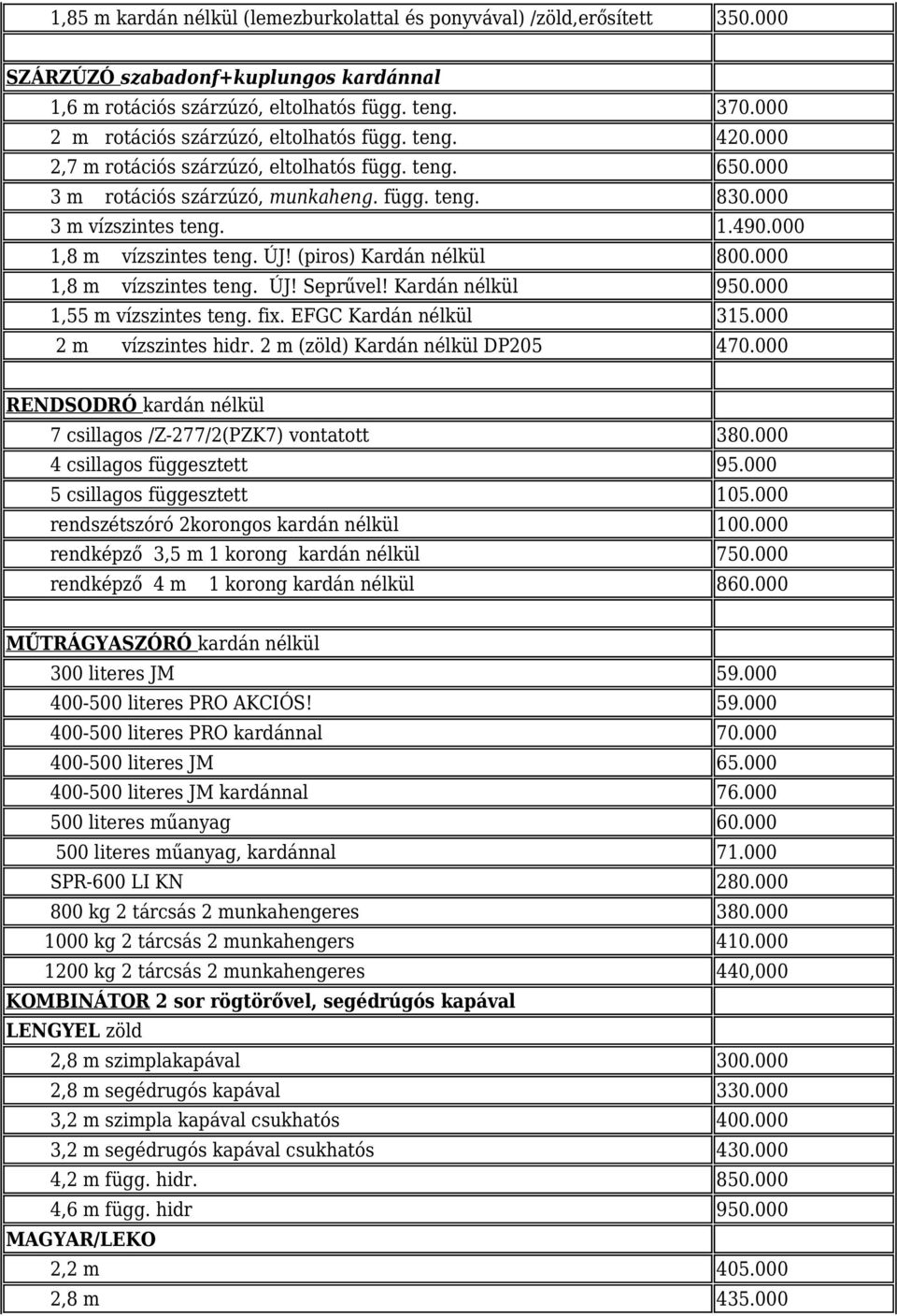 000 1,8 m vízszintes teng. ÚJ! (piros) Kardán nélkül 800.000 1,8 m vízszintes teng. ÚJ! Seprűvel! Kardán nélkül 950.000 1,55 m vízszintes teng. fix. EFGC Kardán nélkül 315.000 2 m vízszintes hidr.